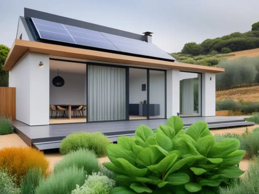 Eco Casa Sostenible en España: Diseño Moderno y Verde Vivienda sostenible en España con paneles solares, jardín nativo y diseño ecológico, ideal para el mercado español