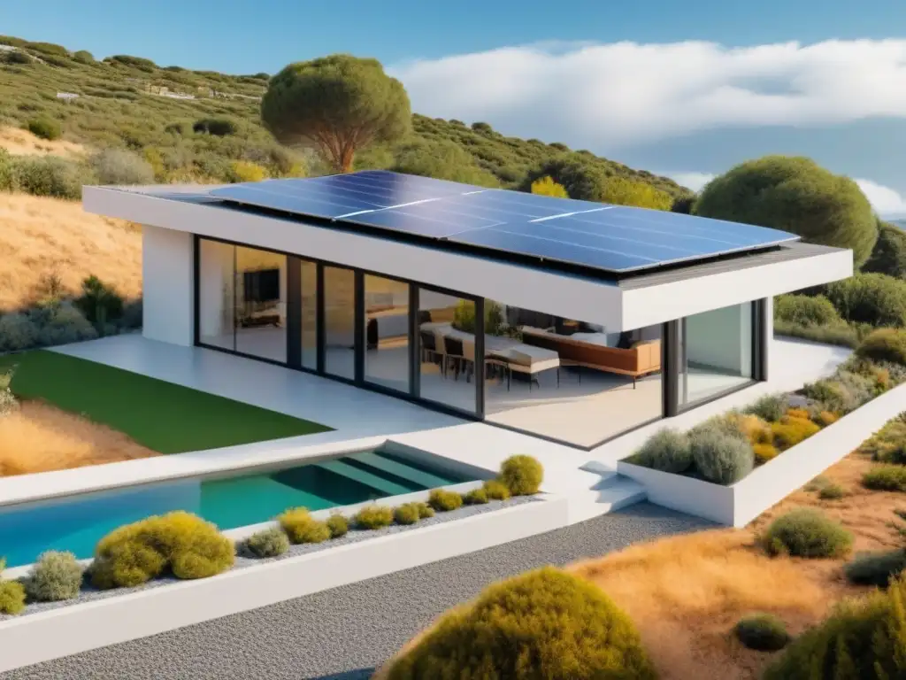 Casa sostenible en España: diseño ecofrienly y eficiencia energética Vivienda sostenible en España con paneles solares, ventanales eficientes, tejado verde y diseño ecofriendly en un entorno natural y tecnológico