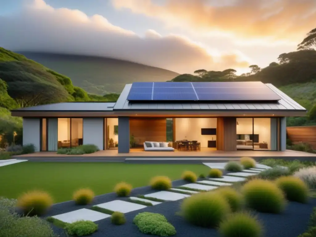 Vivienda sostenible: diseño moderno en armonía con la naturaleza Vivienda sustentable con paneles solares y jardín nativo, adaptación viviendas sustentables práctico