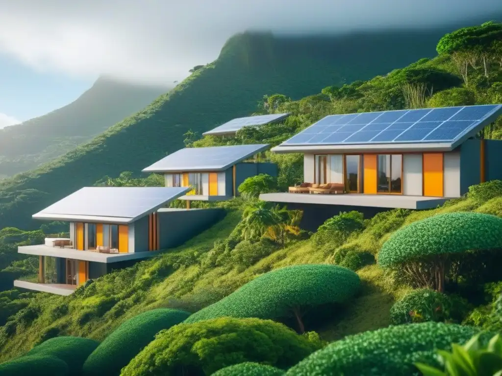 Complejo ecoamigable y futurista en el Caribe: diseño sostenible y exuberante vegetación Viviendas ecoamigables en el Caribe con arquitectura futurista y vistas al mar, cumpliendo normativas inmobiliarias Caribe completo