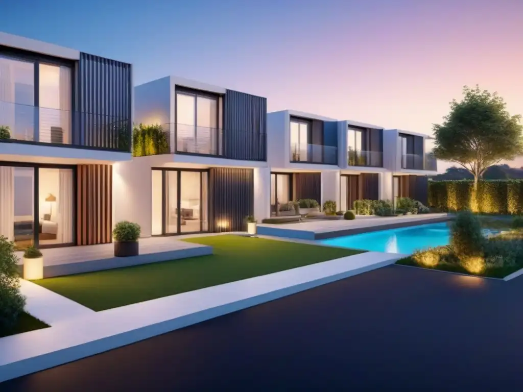 Innovador complejo de viviendas modulares al atardecer Viviendas modulares estrategia inversión: Complejo moderno de viviendas modulares al atardecer, con diseño innovador y sostenible