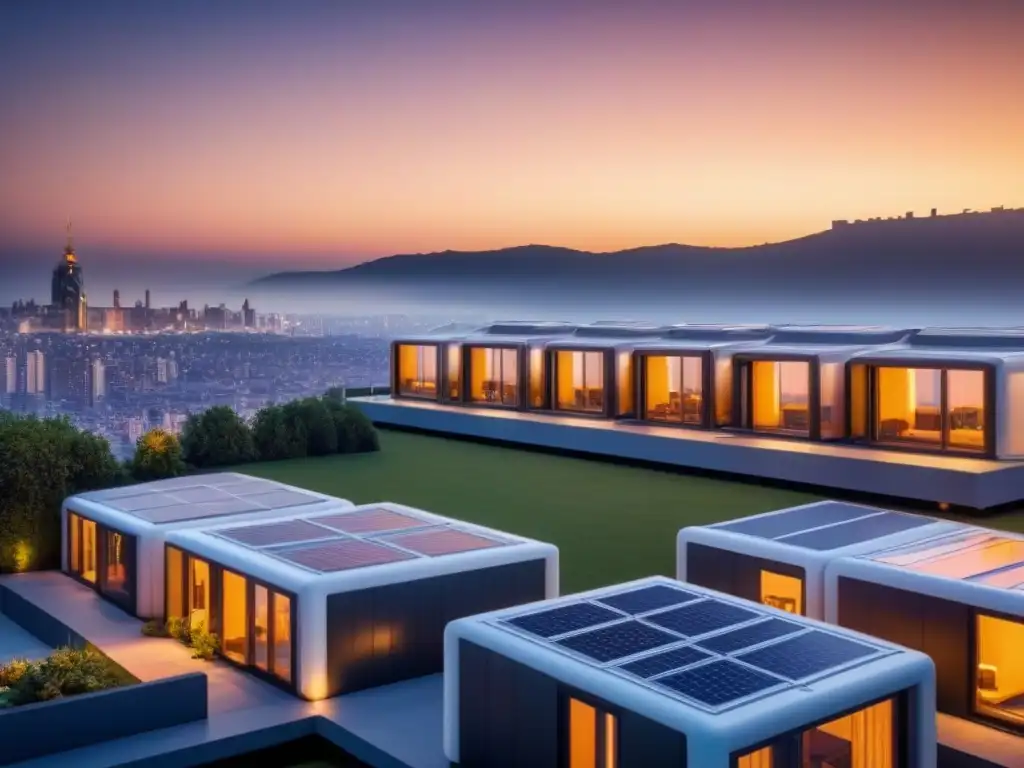 Complejo de viviendas modulares futuristas en la ciudad al atardecer Viviendas modulares estratégia inversión: Complejo futurista con formas geométricas y grandes ventanas en ciudad atardeciendo