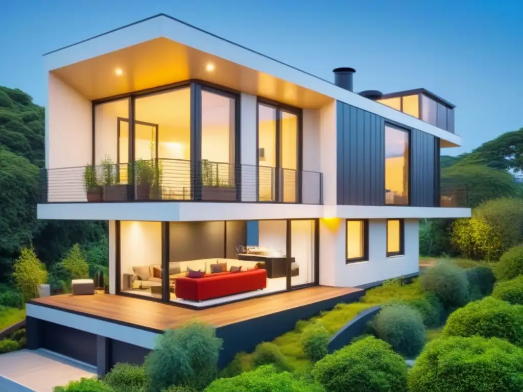 Vivienda modular eco con diseño vanguardista en la ciudad Viviendas modulares mercado inmobiliario: diseño moderno con techo verde sostenible y paneles solares, en ciudad diversa y arbolada