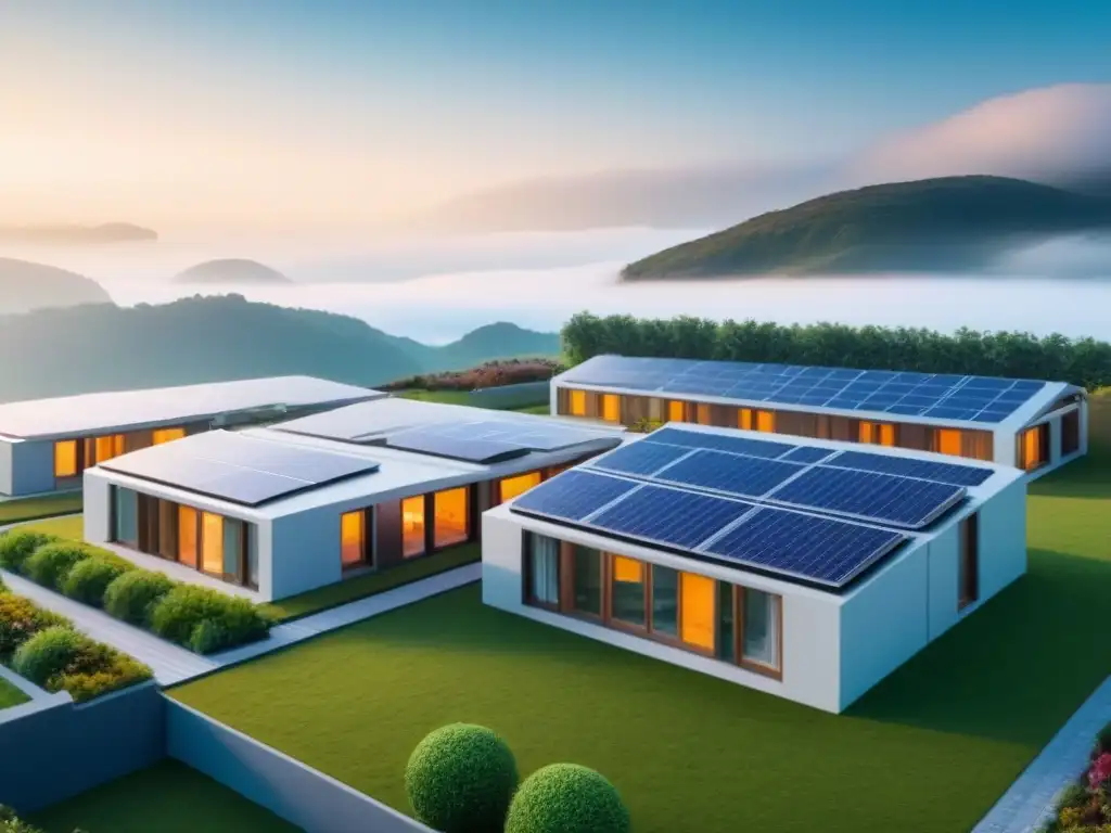 Complejo de viviendas modulares futuristas en ciudad vibrante Viviendas modulares mercado inmobiliario: Complejo futurista con paneles solares y techos verdes, integrado en la ciudad