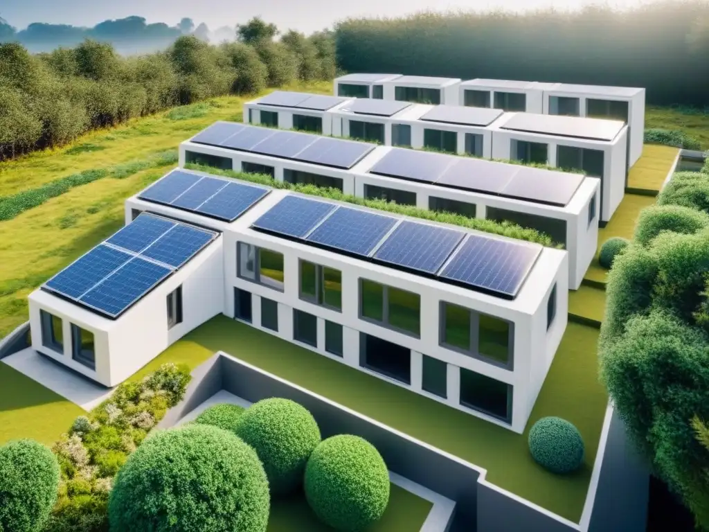 Complejo de viviendas modulares sostenibles y futuristas Viviendas modulares mercado inmobiliario: Complejo futurista sostenible con diseño vanguardista, paneles solares y jardines verdes
