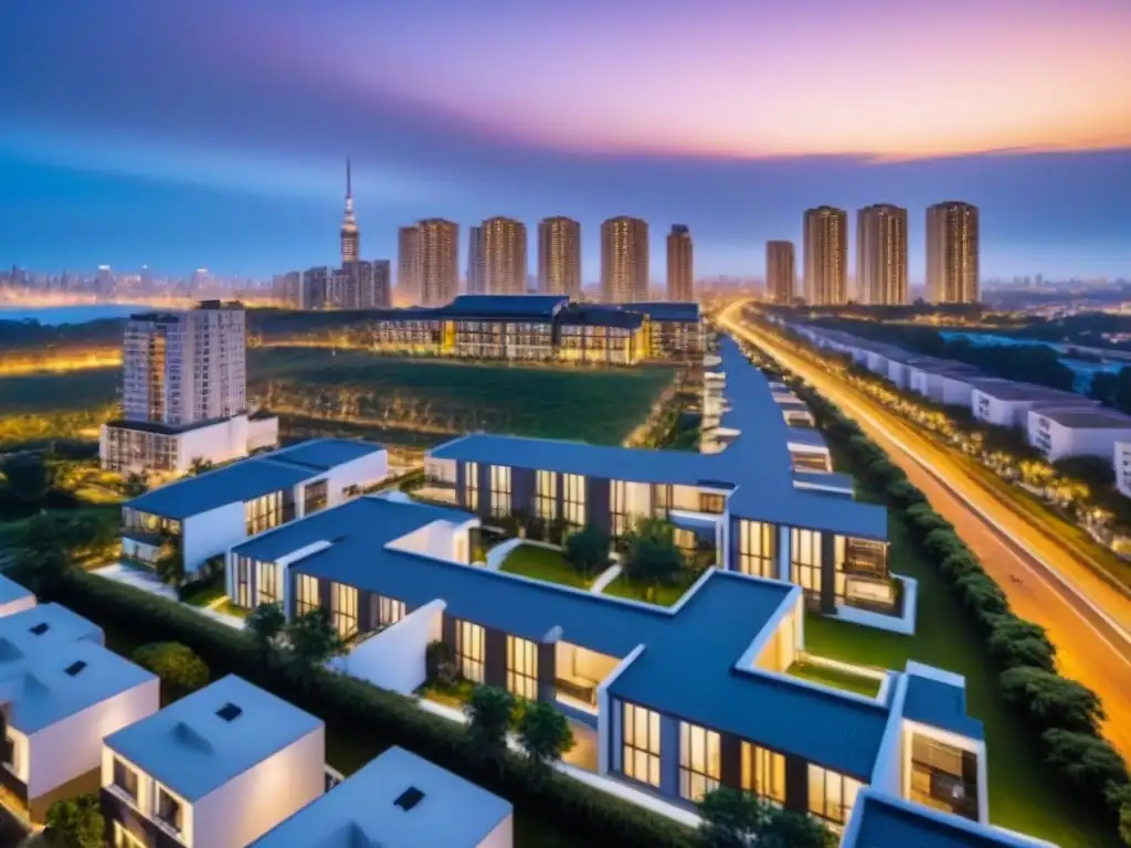 Inversión en multifamiliares: complejo residencial moderno al anochecer Guía inversión viviendas multifamiliares principiantes: complejo residencial moderno al anochecer con luces cálidas y ciudad al fondo