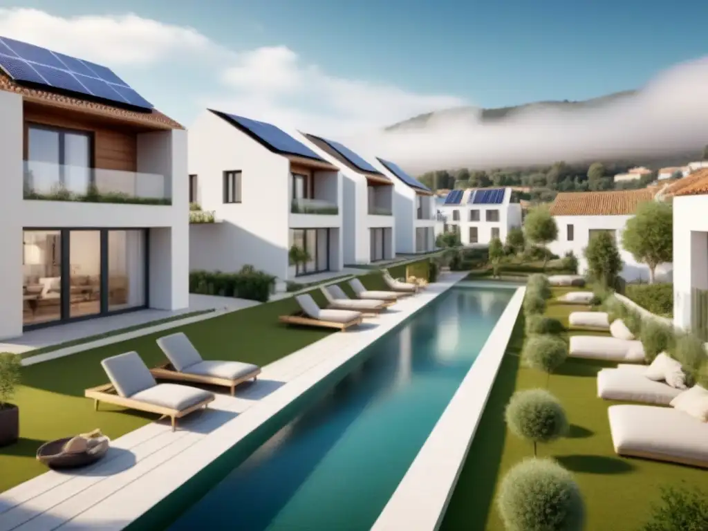 Desarrollo sostenible en España: Casas modernas y ecológicas Viviendas sostenibles en el mercado español con diseño moderno y ecoamigable, rodeadas de naturaleza y carriles para bicicletas