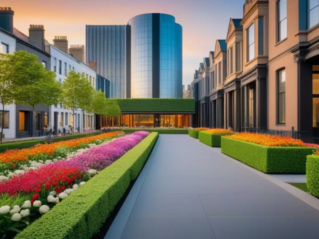 Tranquilidad urbana: Calles convertidas en oasis de flores y arte Zona urbana transformada en un tranquilo paseo peatonal con jardines y arte moderno al atardecer